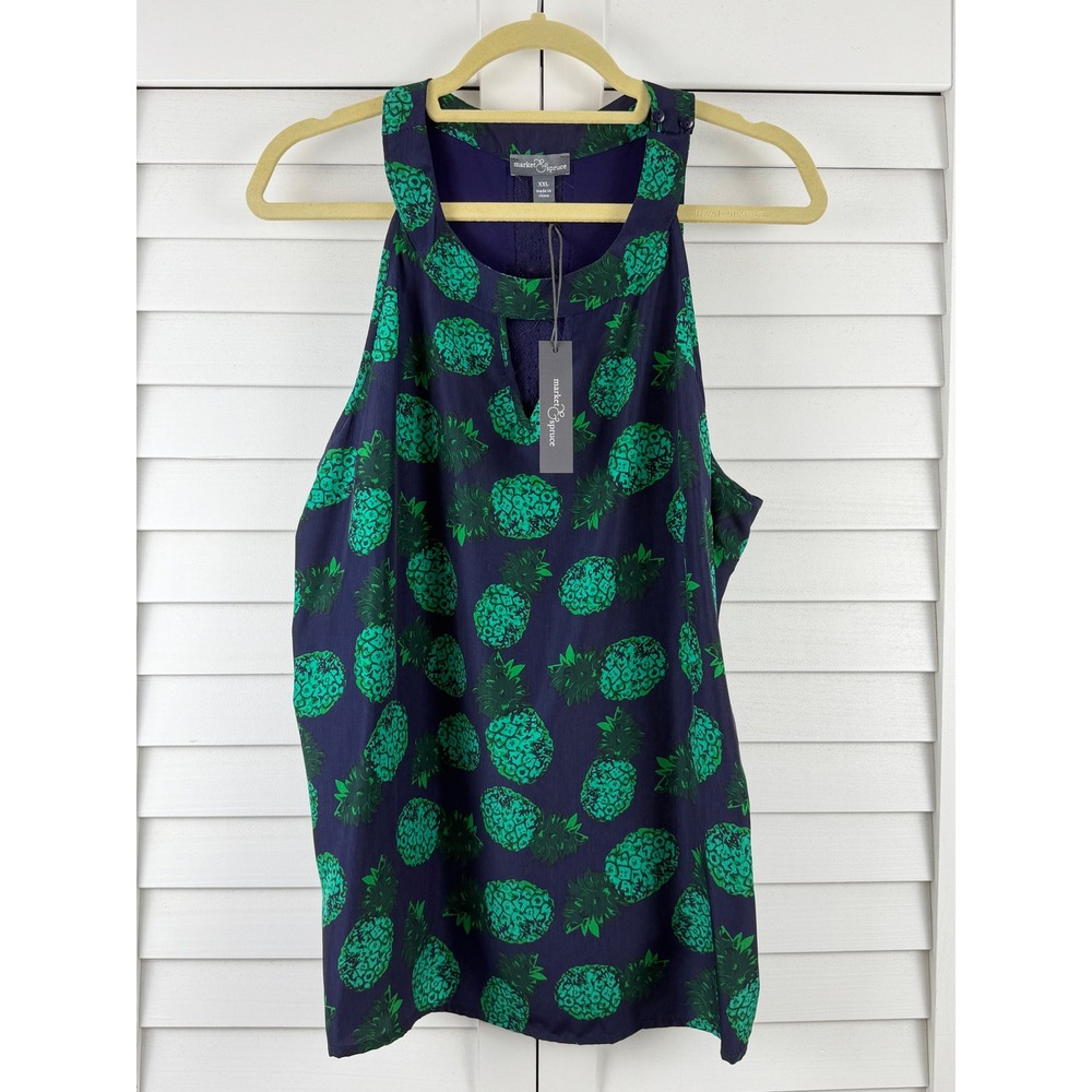 Market & Spruce Tank Top Women XXL Navy Green Pineapple Crochet Back NEW